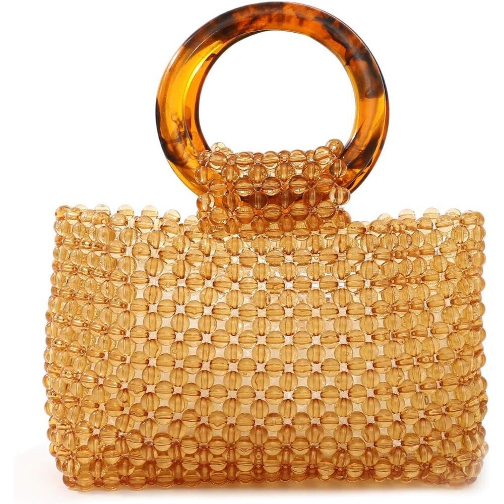 Women's Brown Colored Transparent Beaded Acrylic Evening Handmade Handbag